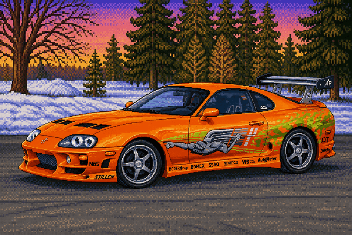 Toyota Supra A80 оранжевого цвета с графикой на борту на фоне зимнего заката